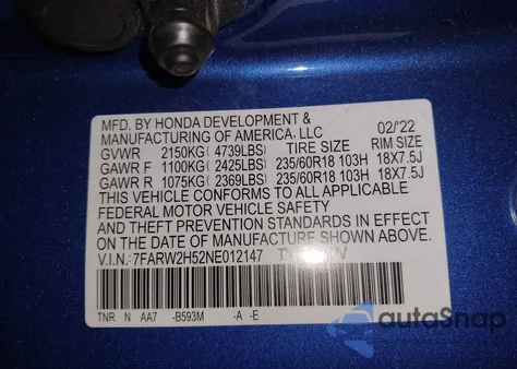 2022 Honda Cr-V Awd Ex из США, поврежденный, VIN 7FARW2H52NE012147